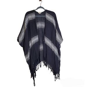 Entro Linen Blend Striped Fringe Kimono One Size Black Boho Coverup Wrap